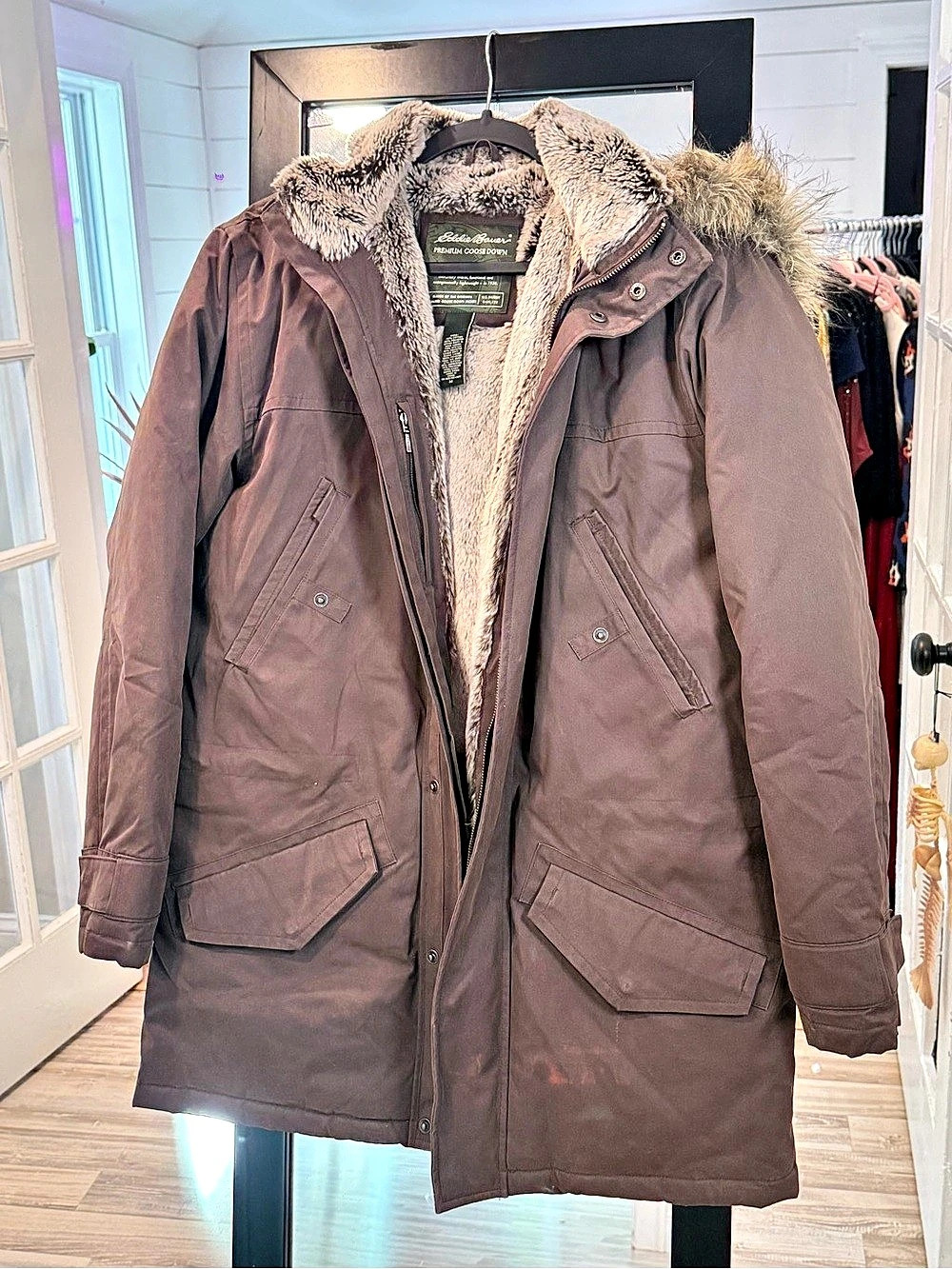 Eddie Bauer Premium Goose Down Jacket Brown Down Parka Size Medium